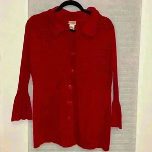 Sz Large Red button up cardigan Kim Rogers bell sleeves big buttons